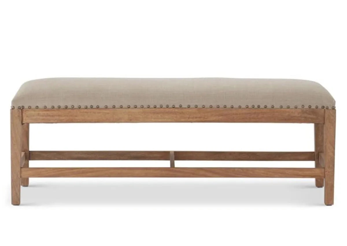 WOOD BENCH WITH GRAY UPHOLSTERED SEAT