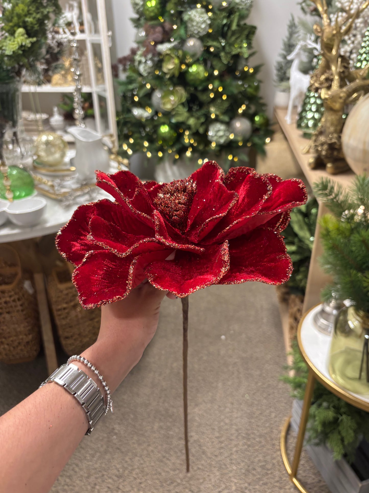 Red Magnolia Stem with Gold Glitter