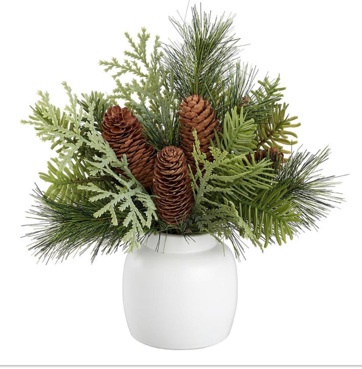 Mixed Pine/Pine Cone in Ceramic Vase Green Brown