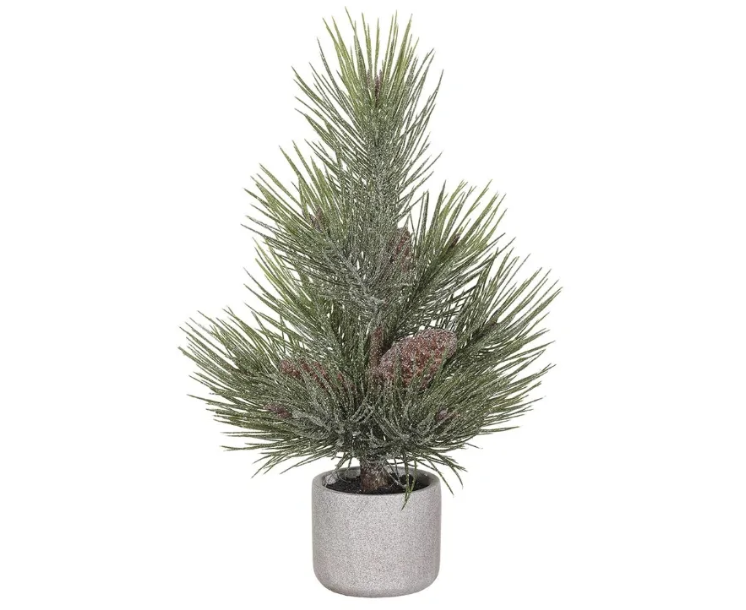 20" Frosted Pine Tree in Cement Pot With Pine Cone Green Brown