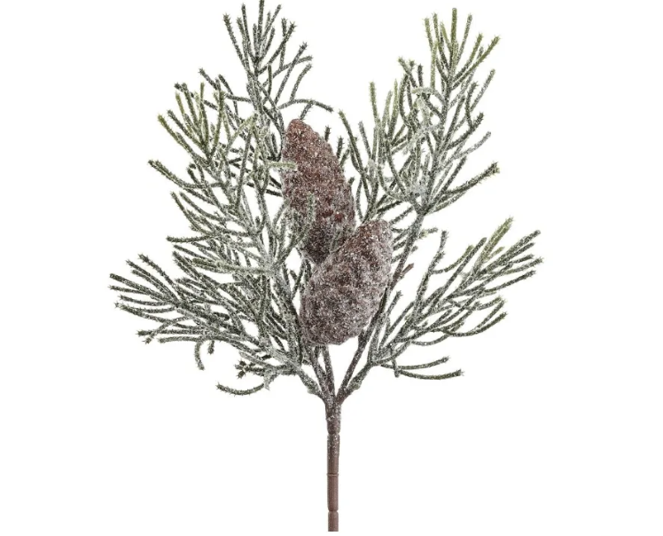 13" Frosted Pine Spray With Pine Cone Green Brown
