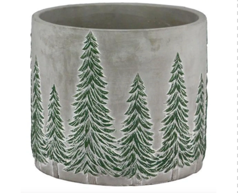 8" X 7"H CEMENT/GREEN PLANTER WITH PINES