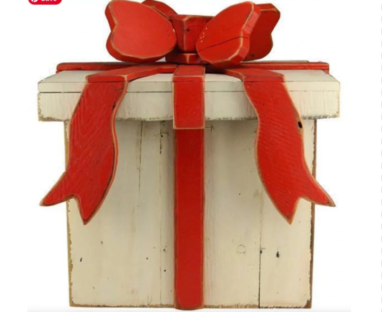 23"SQ X 18.5"H WOOD GIFT PACKAGE WHITE WITH RED BOW