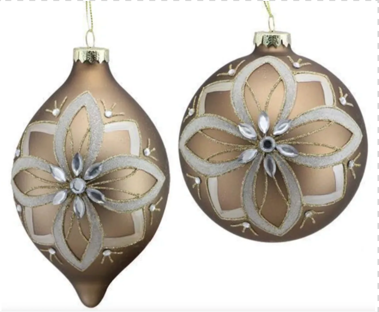 2 ASSORTED 5"-7" TAUPE, CHAMPAGNE AND GOLD FLOWER BALL/FINIAL ORNAMENT