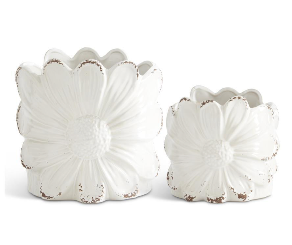 SET OF 2 DISTRESSED WHITE CERAMIC SUNFLOWER POTS