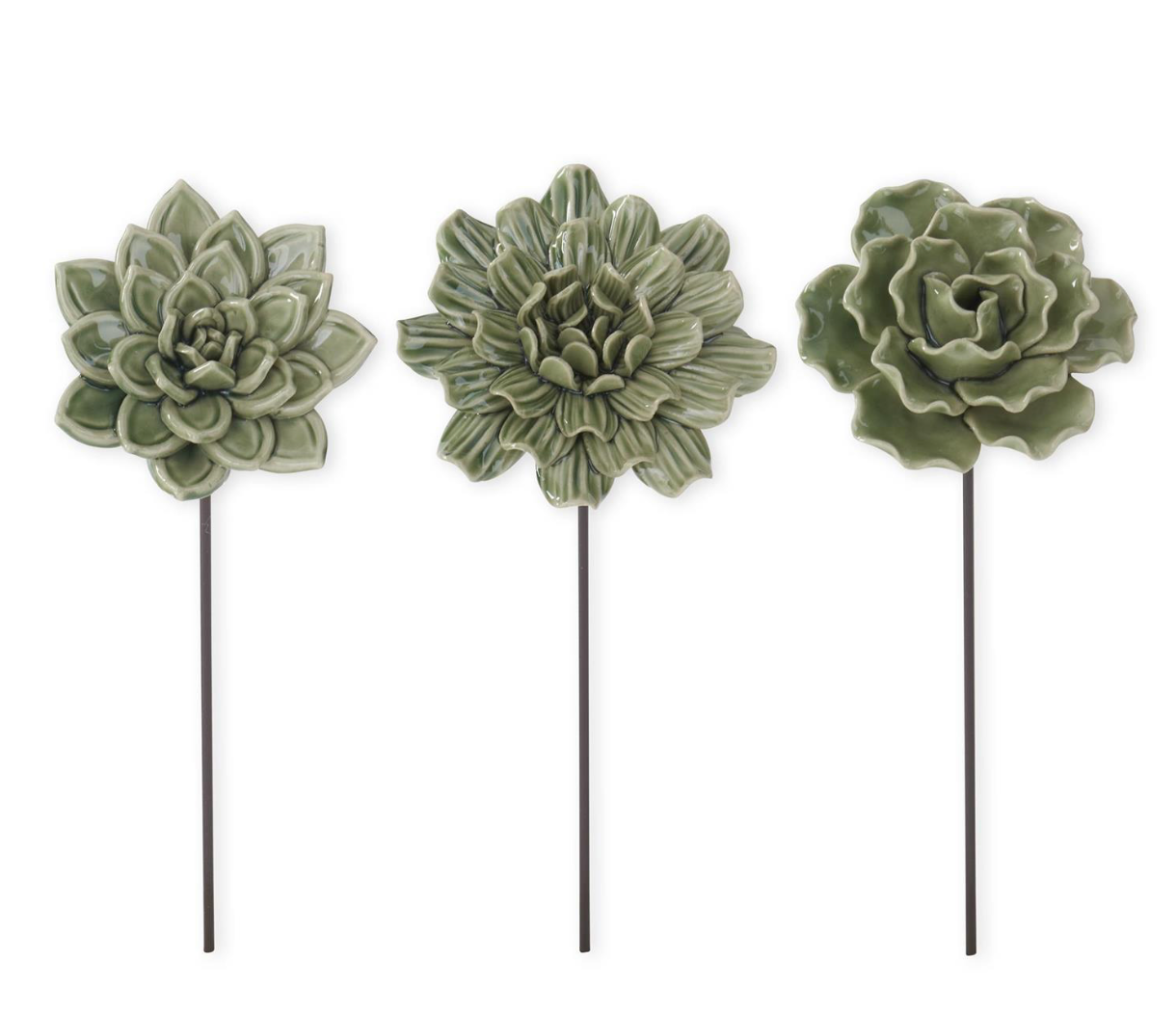ASSORTED 9.25 INCH GREEN RESIN FLOWER PICKS (3 STYLES)