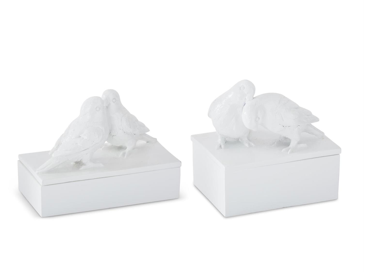 SET OF 2 GLOSSY WHITE RESIN LOVE BIRDS LIDDED BOXES