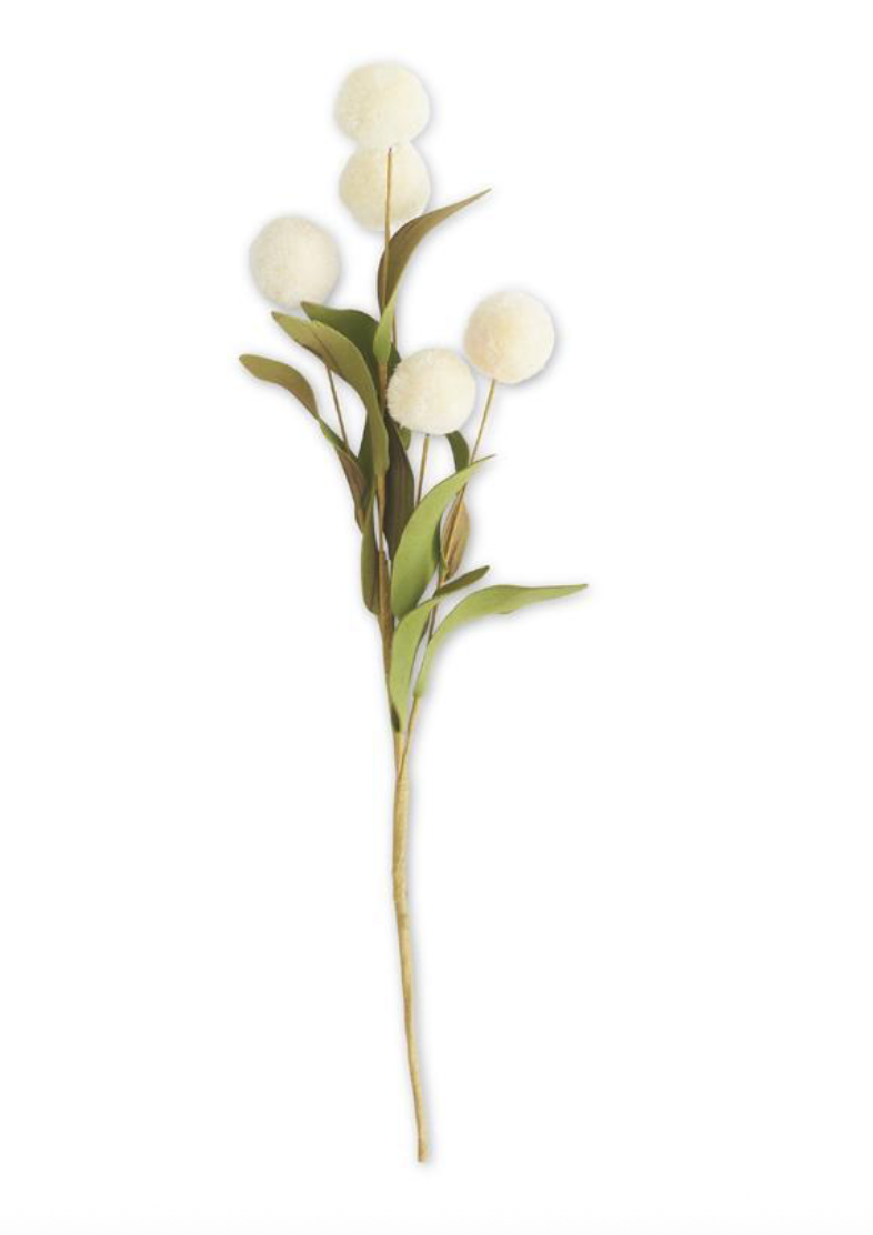13 INCH CREAM 5 BALL POMPOM PICK W/GREEN EVA LEAVES