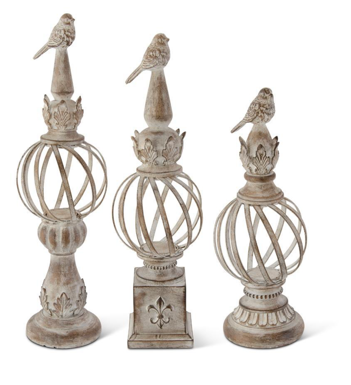 SET OF 3 WHITEWASHED METAL BALL FINIALS W/RESIN BIRD TOPS