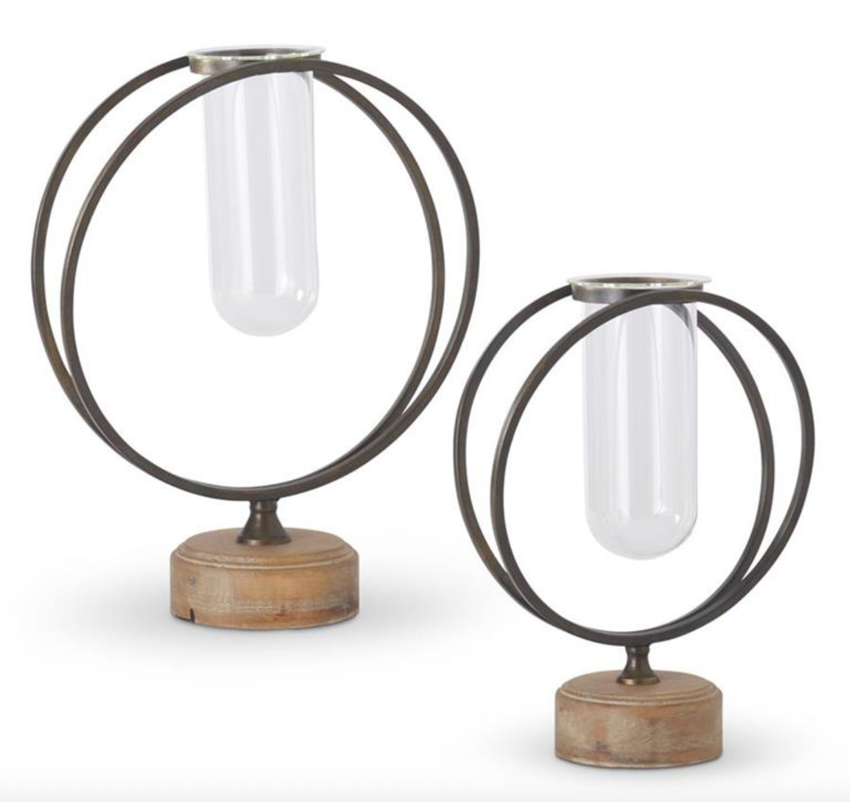 SET OF 2 GLASS TEST TUBE VASES IN ROUND METAL FRAME W/WOOD BASES