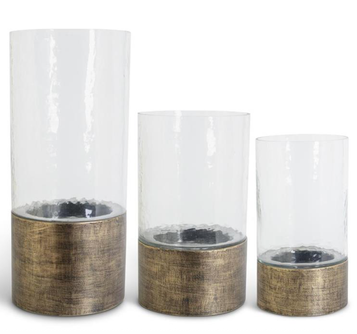 SET OF 3 WAVY GLASS HURRICANES ON COPPER METAL BASES