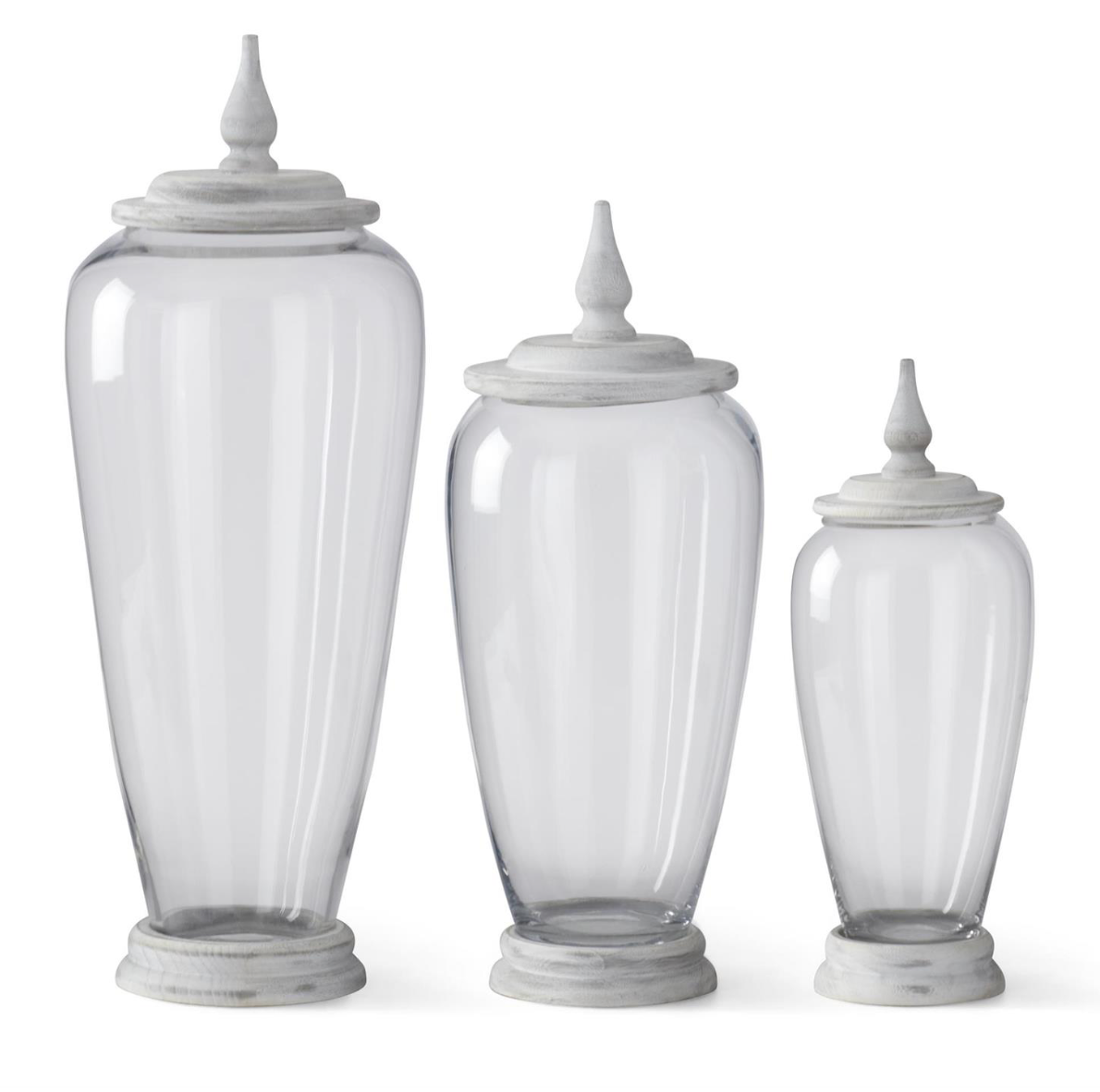 SET OF 3 GLASS JARS W/WHITE WOOD BASE AND LIDS