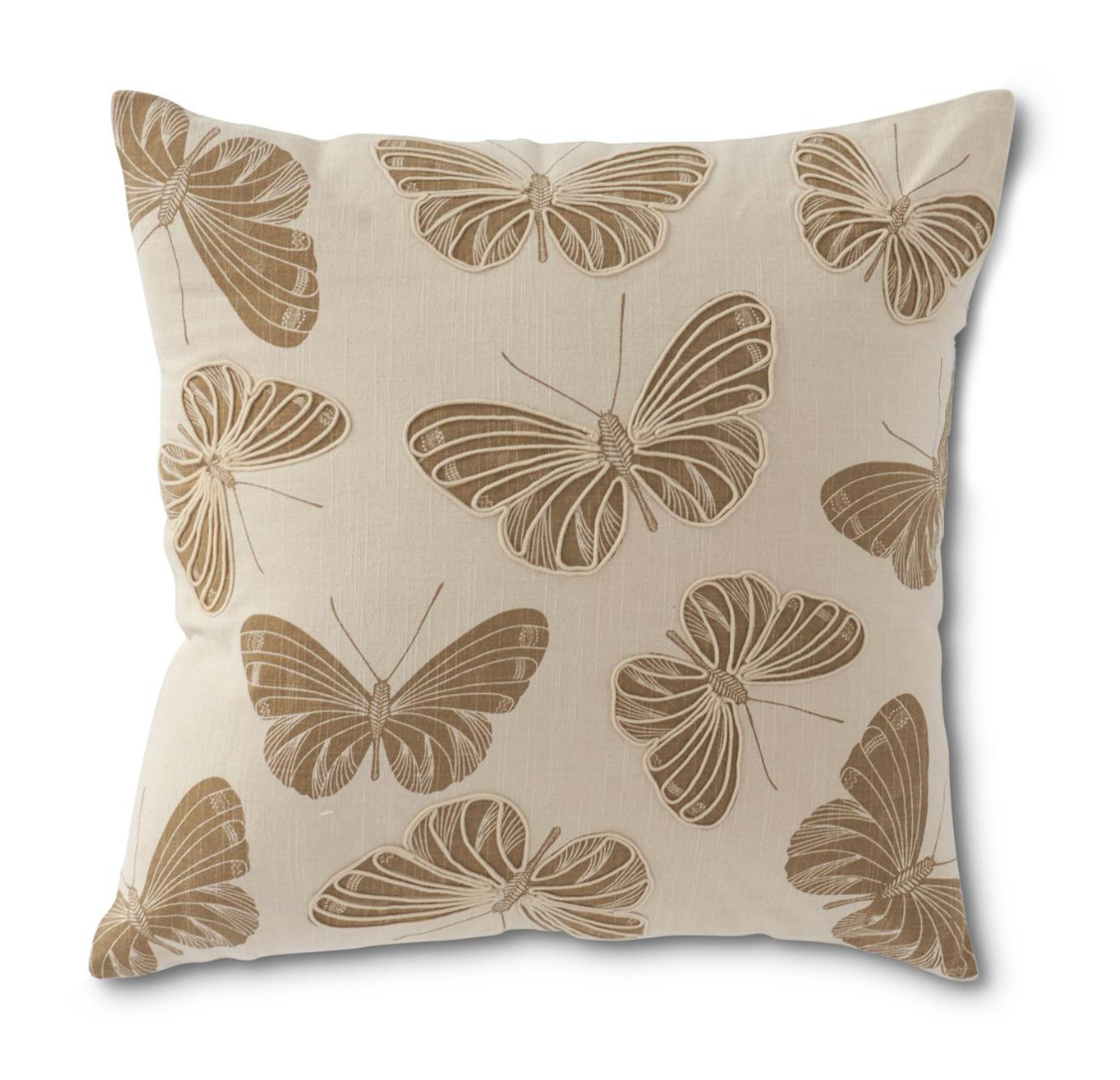 20 INCH SQUARE CREAM PILLOW W/TAN BUTTERFLIES