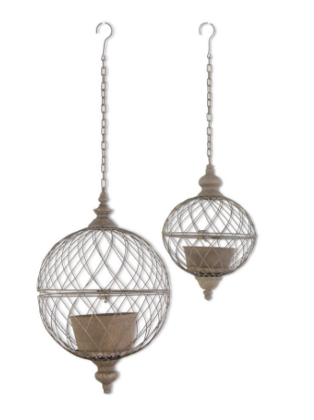Set of 2 Rustic Wire Hanging Cage Planters w/Pots
