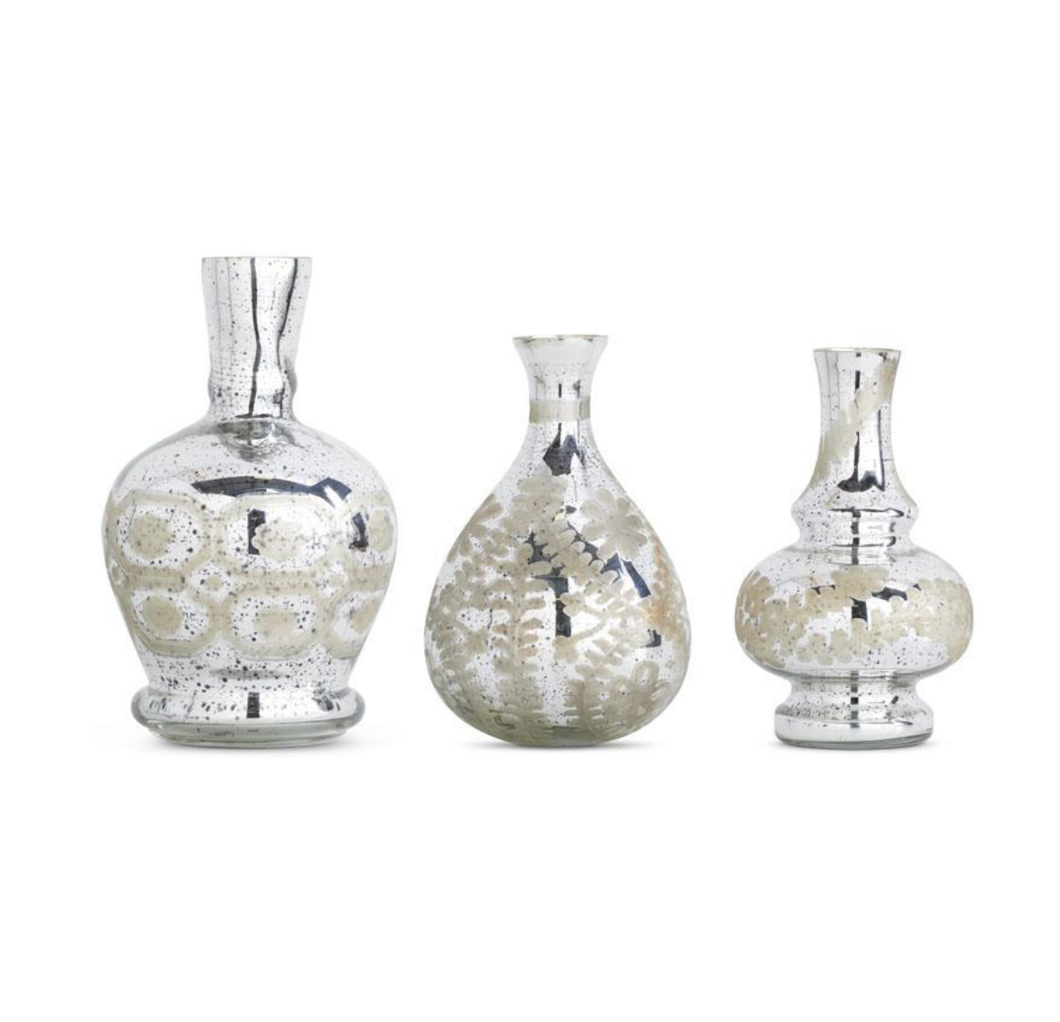 ASSORTED SILVER MERCURY GLASS ETCHED BUD VASES W/ETCHING (3 STYLES)