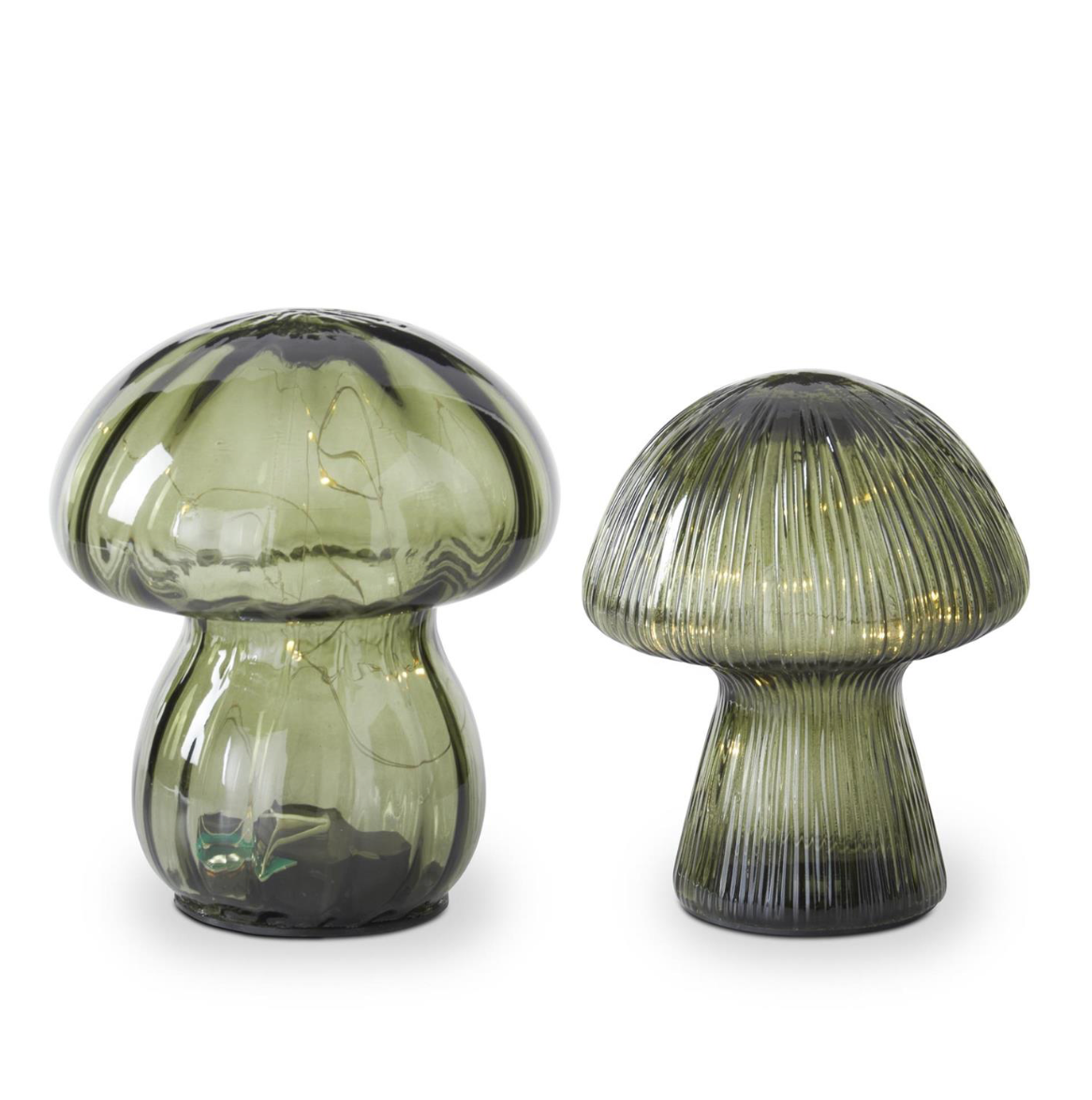 SET OF 2 GREEN GLASS LED MUSHROOMS W/TIMERS