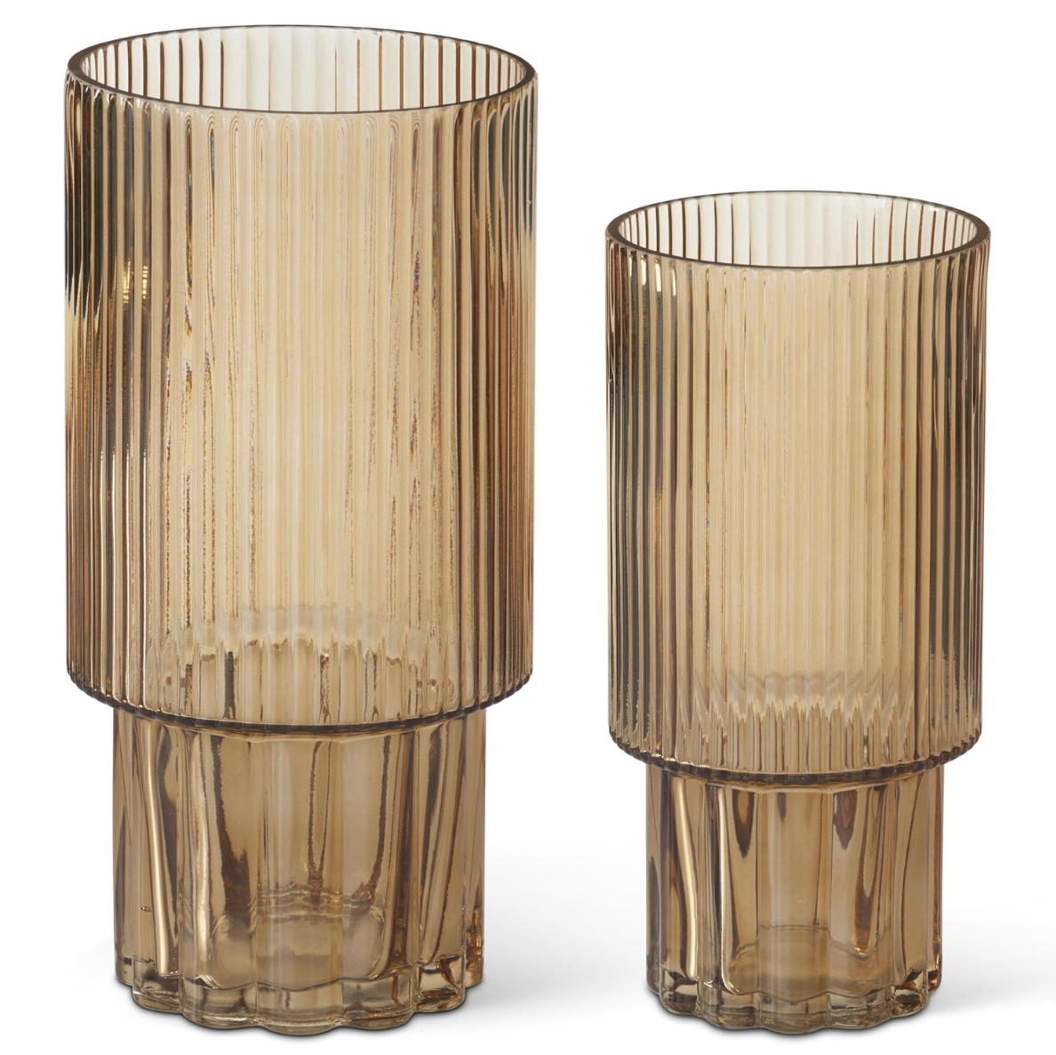 SET OF 2 BEIGE LINE PRESSED GLASS VASES
