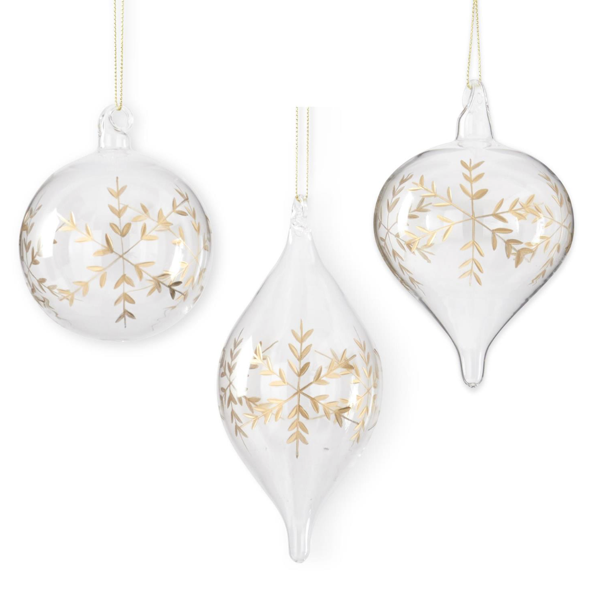 ASSORTED CLEAR GLASS GOLD ETCHED SNOWFLAKE ORNAMENTS (3 STYLES)