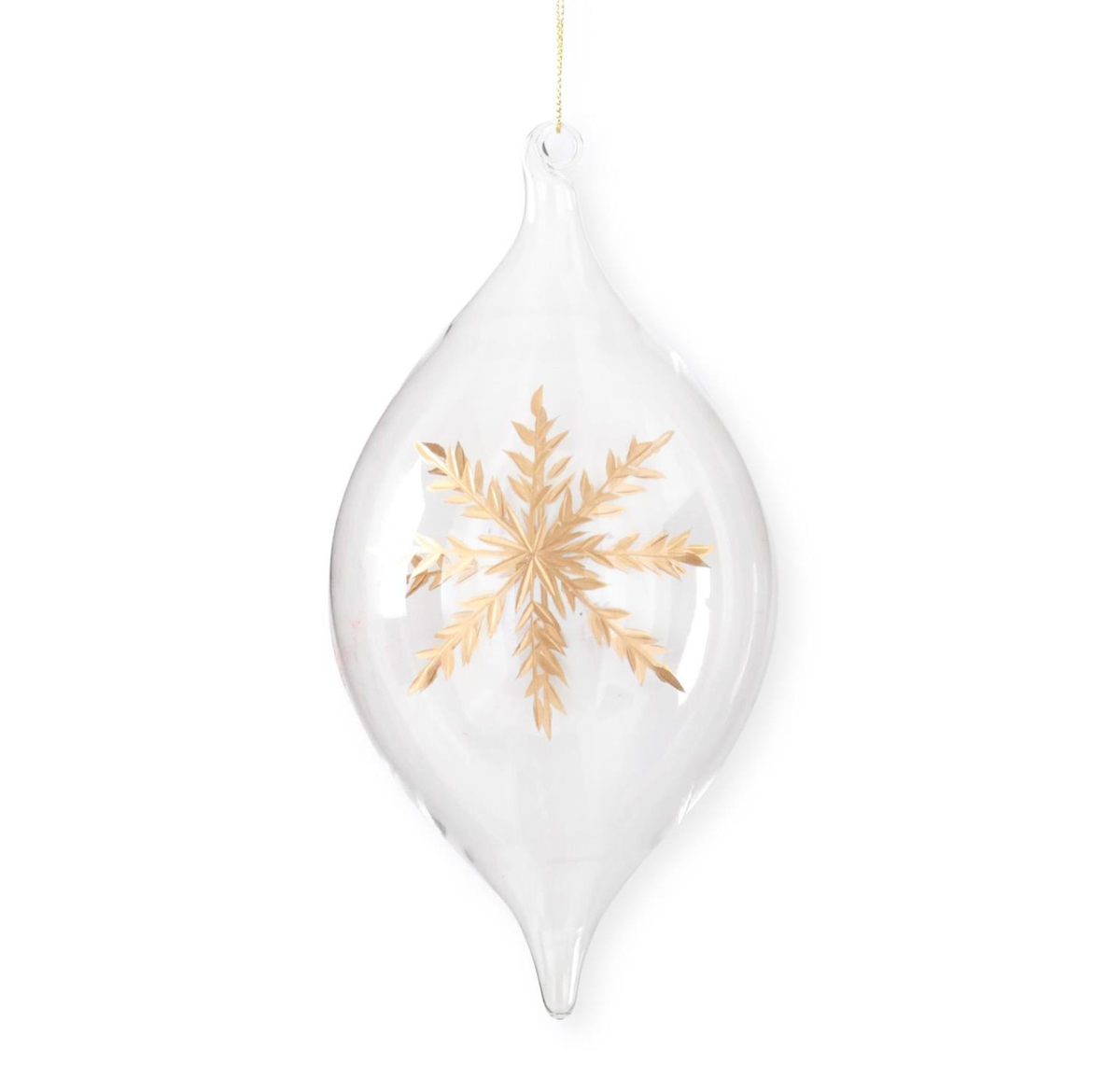 TEARDROP CLEAR GLASS GOLD ETCHED SNOWFLAKE ORNAMENT