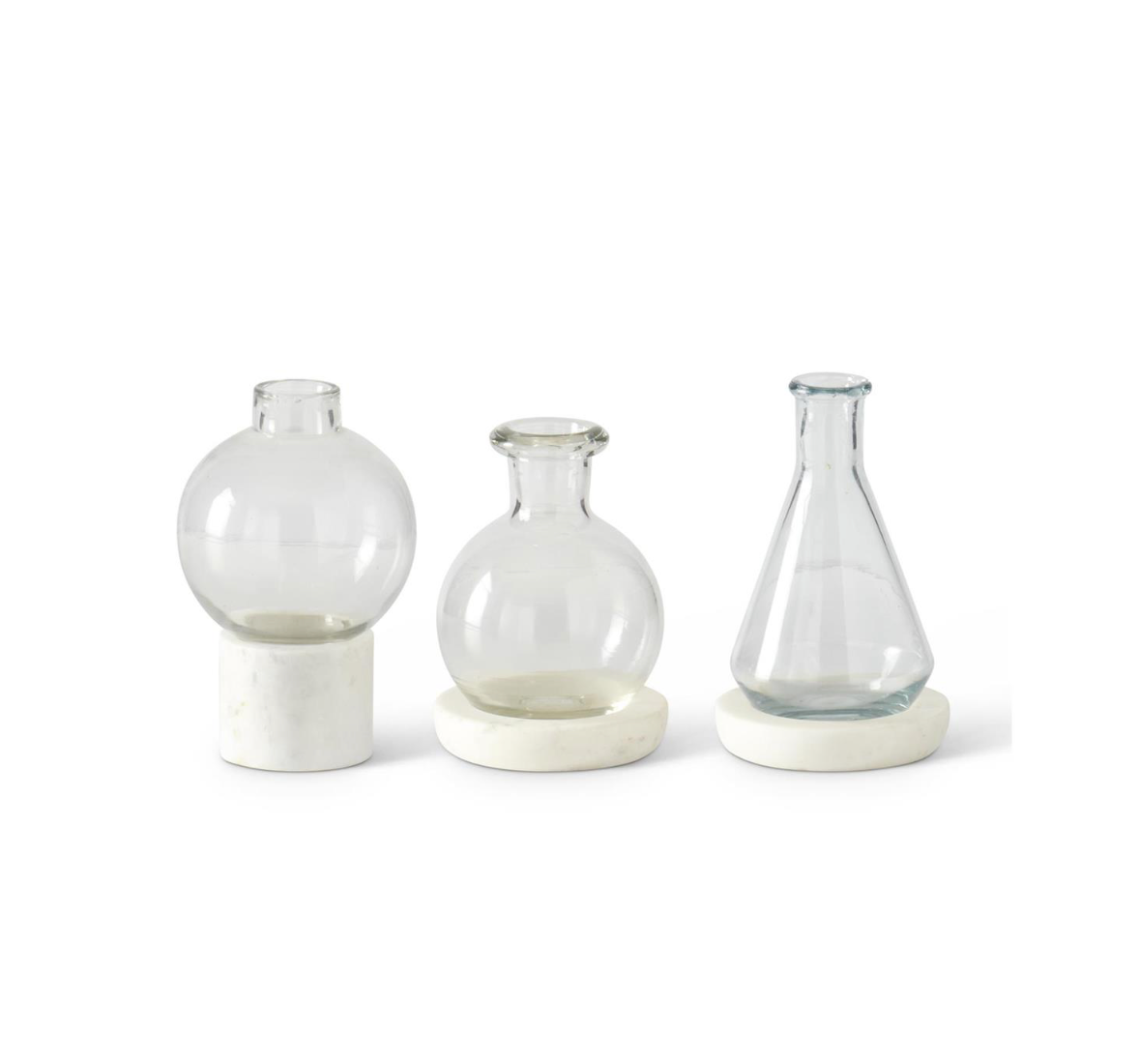 SET OF 3 CLEAR GLASS VASES ON WHITE MARBLE BASE