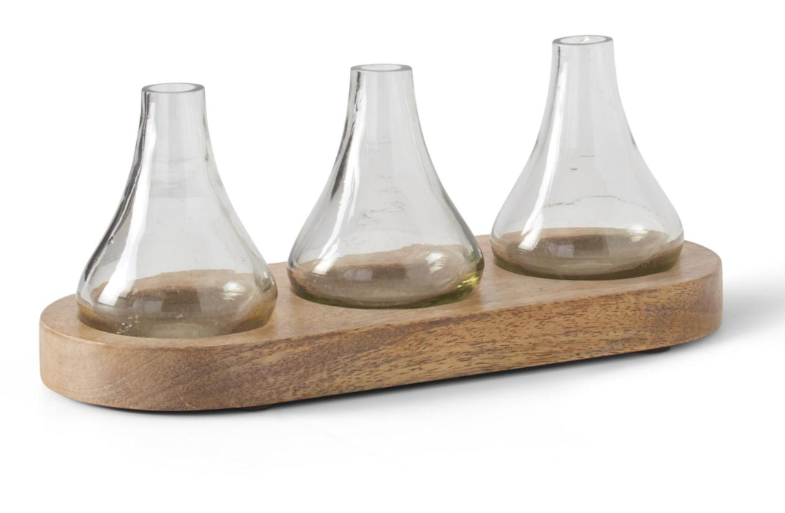 11.75 INCH BUD VASES ON WOOD TRAY