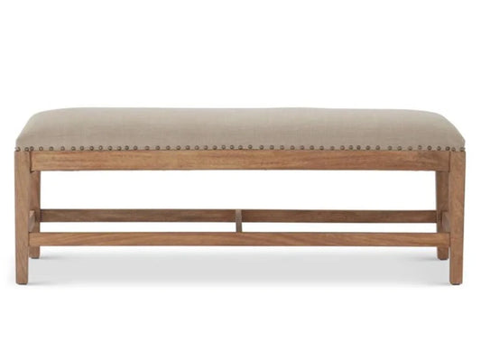 WOOD BENCH WITH GRAY UPHOLSTERED SEAT