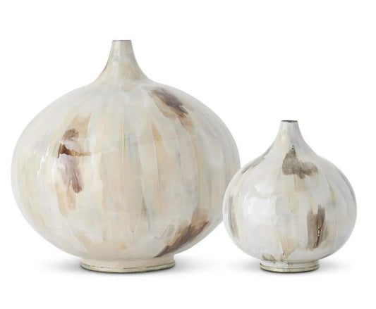 CREAM & BROWN ENAMELED ROUND VASES