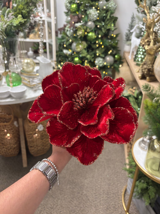 Red Magnolia Stem with Gold Glitter