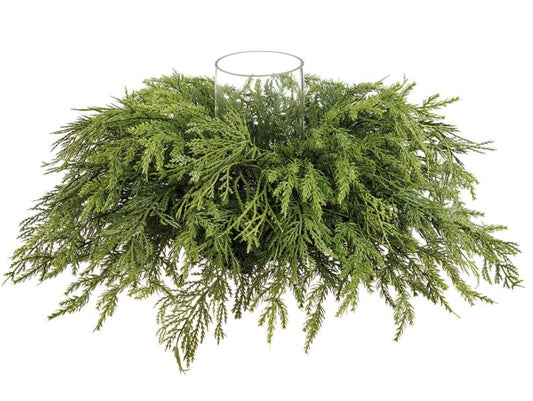 Ultra Deluxe Mixed Cedar Centerpiece With Glass Candleholder Green