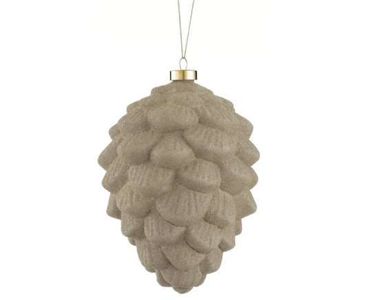 8" Glittered Glass Pine Cone Ornament Beige