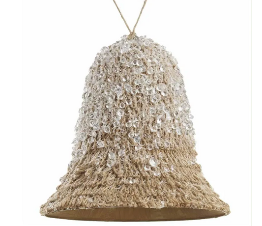 8" Beaded Jute Bell Ornament Brown Clear