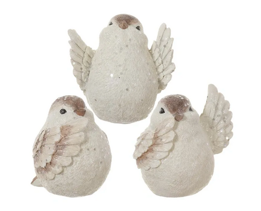 4" Glittered Bird (3ea/set) White Brown