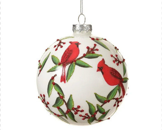 4" Glass Cardinal Ball Ornament Red White