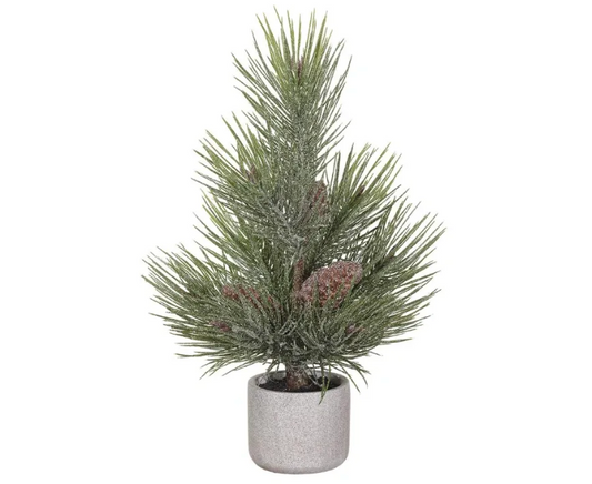 20" Frosted Pine Tree in Cement Pot With Pine Cone Green Brown
