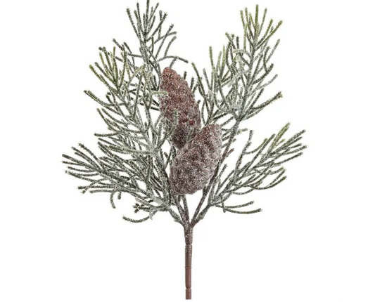 13" Frosted Pine Spray With Pine Cone Green Brown