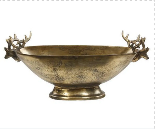 23.5" ANTIQUE GOLD ALUMINUM BOWL WITH DEER HEAD HANDLES