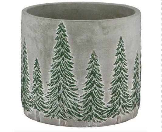 8" X 7"H CEMENT/GREEN PLANTER WITH PINES