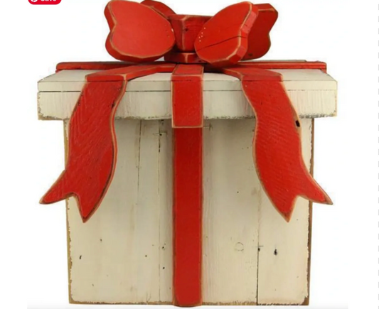 23"SQ X 18.5"H WOOD GIFT PACKAGE WHITE WITH RED BOW