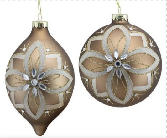 2 ASSORTED 5"-7" TAUPE, CHAMPAGNE AND GOLD FLOWER BALL/FINIAL ORNAMENT