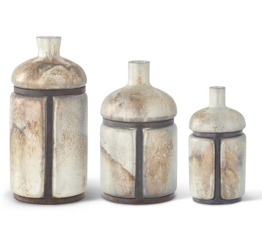SET OF 3 BURNT GREEN MERCURY GLASS BOTTLES IN METAL