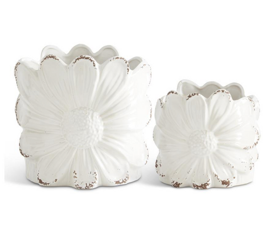 SET OF 2 DISTRESSED WHITE CERAMIC SUNFLOWER POTS