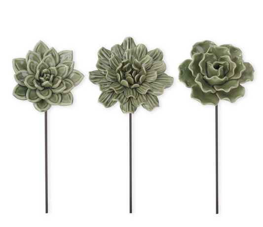 ASSORTED 9.25 INCH GREEN RESIN FLOWER PICKS (3 STYLES)