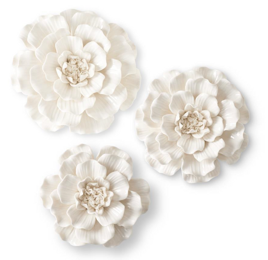 Set of 3 Wall Hanging Glossy Ceramic White Flowers