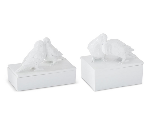 SET OF 2 GLOSSY WHITE RESIN LOVE BIRDS LIDDED BOXES