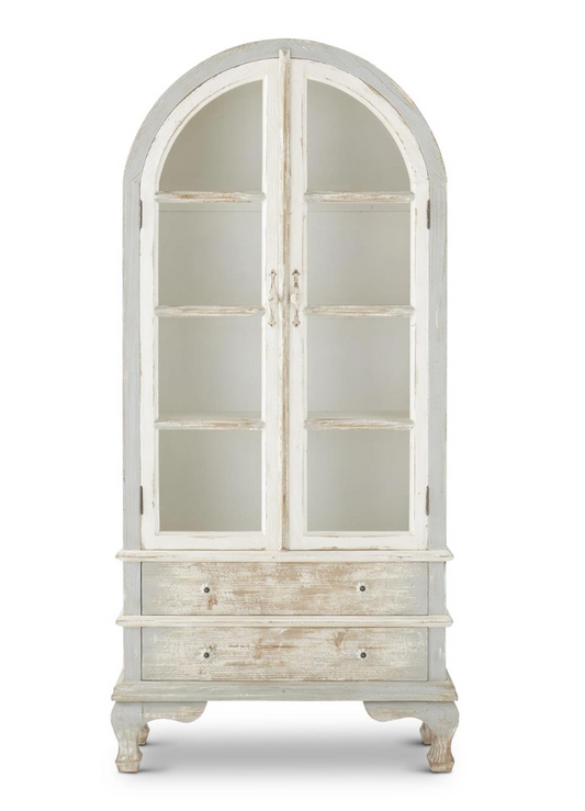 78 INCH WEATHERED BLUE & WHITE ARCHED TOP 2 DRAWER CABINET W/GLASS