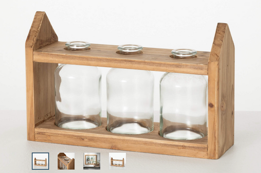 GLASS BOTTLE VASES WITH WOOD