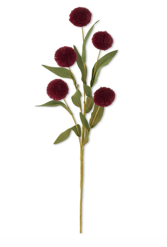 13 INCH BURGUNDY 5 BALL POMPOM PICK W/GREEN EVA LEAVES