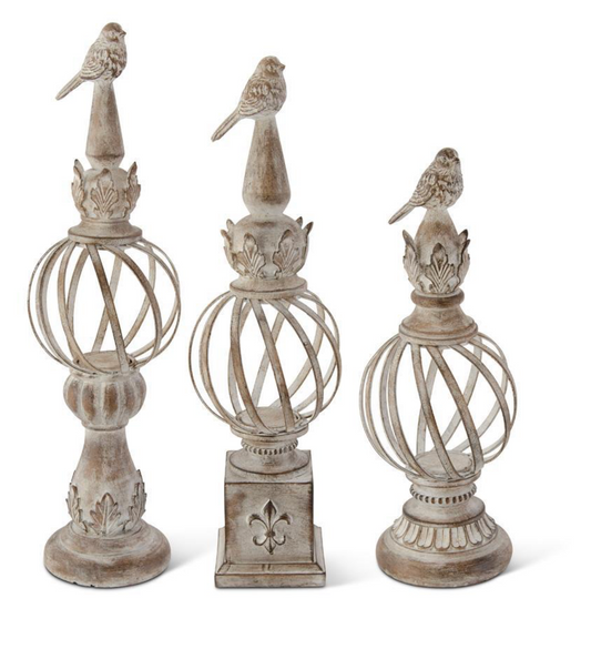 SET OF 3 WHITEWASHED METAL BALL FINIALS W/RESIN BIRD TOPS