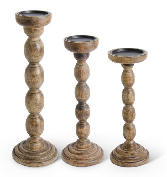 SET OF 3 BROWN WOOD SPINDLE CANDLEHOLDERS