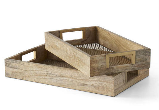 SET OF 2 NESTING NATURAL WOOD TRAYS W/GOLD MESH BOTTOM